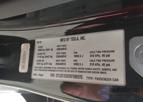 2019 Tesla Model 3 Long Range/Mid Range/Standard Range/Standard Range Plus из США, поврежденный, VIN 5YJ3E1EA7KF398978